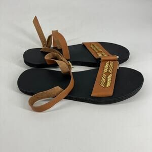 Sseko Women Brown Leather Sarah Sandals Gold Chevron Beads Ankle Wrap